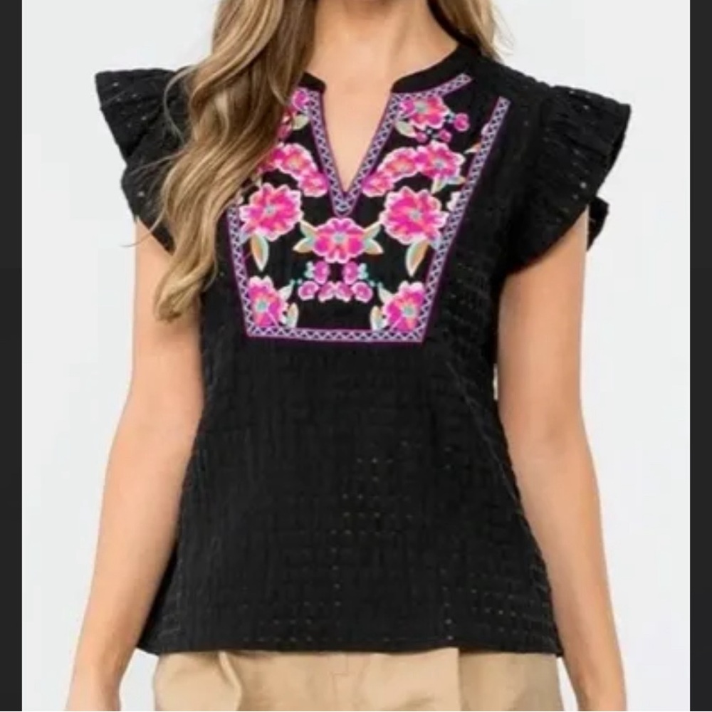 THML embroidered black top with flutter sleeve, size L